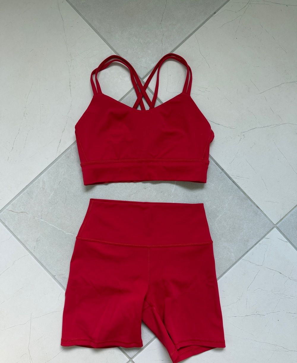 Red Strappy Sports Bra and High-Waist Bike Shorts Set